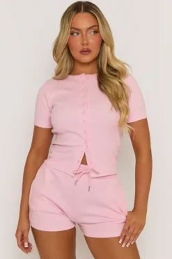 Rebellious Fashion Pink Rib Button Front Top and Short Co-ord Set - Dua