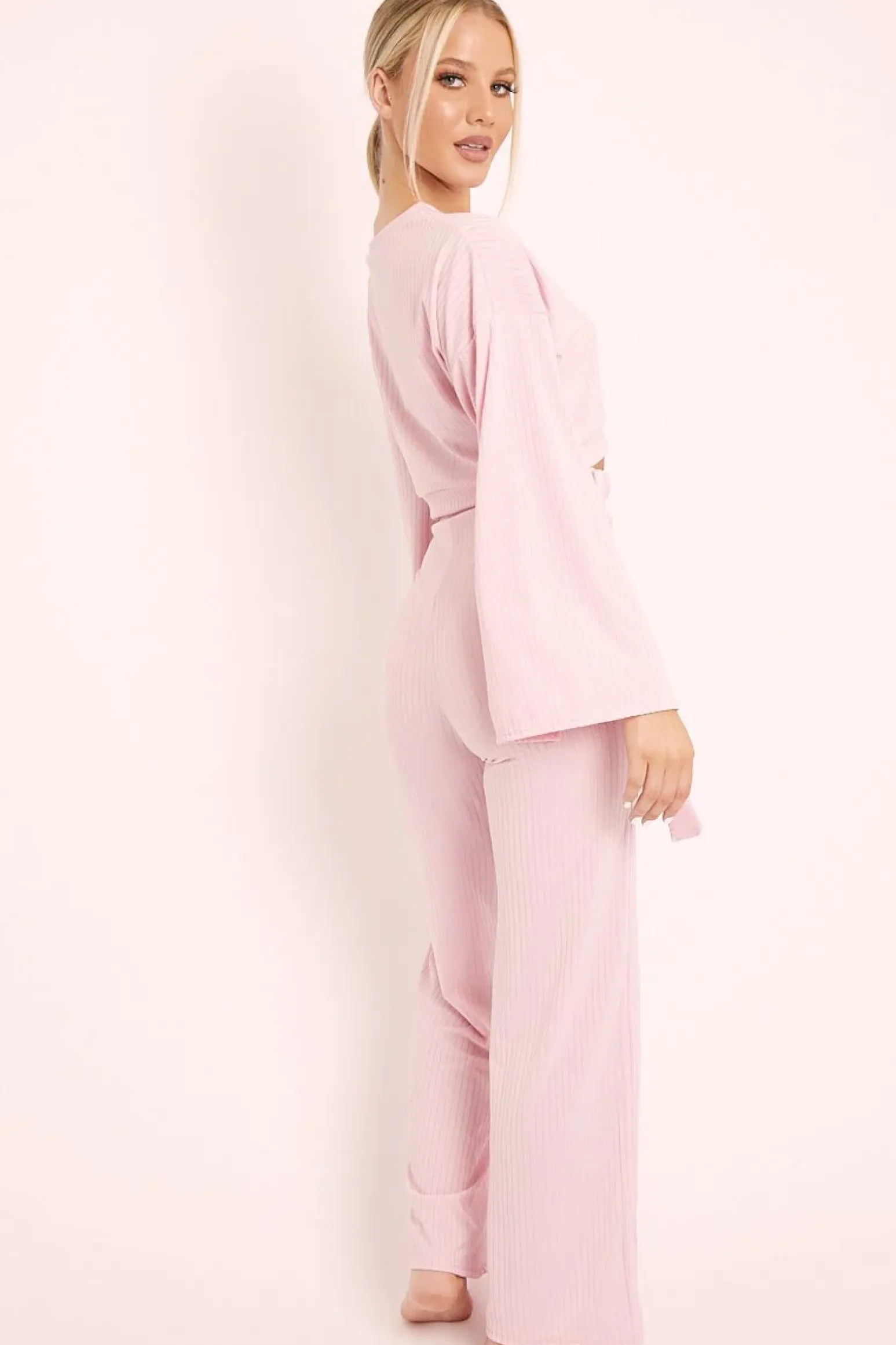 Rebellious Fashion Pink Rib Crop Jumper Tie Wide Leg Trousers Loungewear Co-Ord - Mirabel