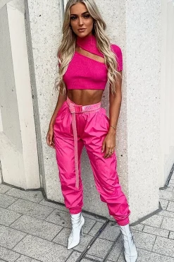Rebellious Fashion Pink Rib High Neck Crop Top - Talina