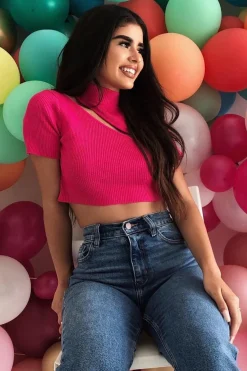 Rebellious Fashion Pink Rib High Neck Crop Top - Talina