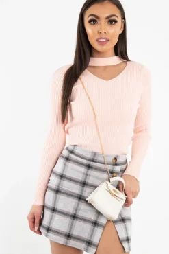 Rebellious Fashion Pink Rib Knit Choker Cut Out Jumper - Jamisen