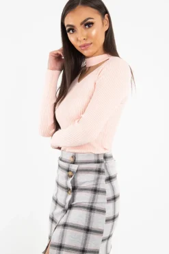 Rebellious Fashion Pink Rib Knit Choker Cut Out Jumper - Jamisen