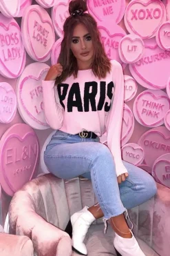 Rebellious Fashion Pink Rib Knit Paris Slogan Jumper - Khylah
