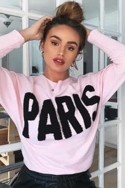 Rebellious Fashion Pink Rib Knit Paris Slogan Jumper - Khylah