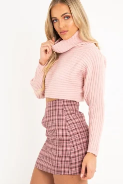 Rebellious Fashion Pink Rib Knit Roll Neck Crop Jumper - Rylan
