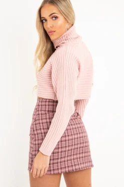 Rebellious Fashion Pink Rib Knit Roll Neck Crop Jumper - Rylan
