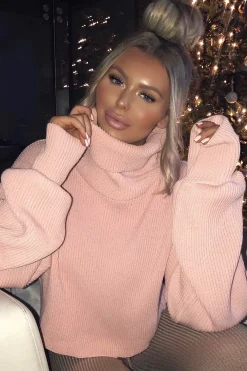 Rebellious Fashion Pink Rib Knit Roll Neck Jumper - Brinna