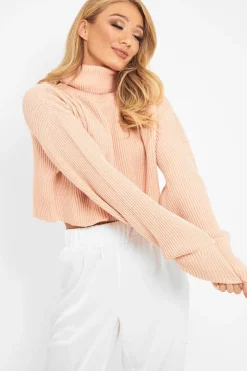 Rebellious Fashion Pink Rib Knit Roll Neck Jumper - Brinna