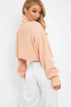 Rebellious Fashion Pink Rib Knit Roll Neck Jumper - Brinna