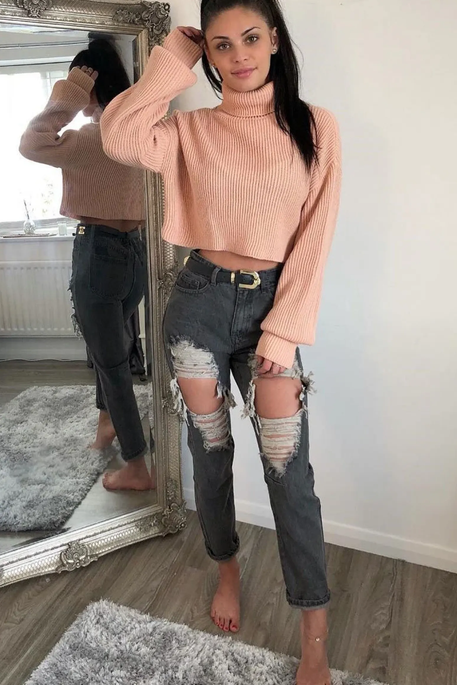 Rebellious Fashion Pink Rib Knit Roll Neck Jumper - Brinna