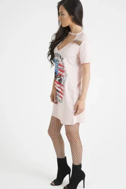 Rebellious Fashion Pink 'Riding In California' Graphic Print Cut Out Pin Detail T-Shirt Dress - Harper