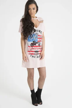 Rebellious Fashion Pink 'Riding In California' Graphic Print Cut Out Pin Detail T-Shirt Dress - Harper