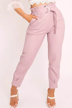 Rebellious Fashion Pink Ring Belt Straight Leg PU Trousers - Jazmine