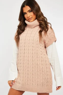 Rebellious Fashion Pink Roll Neck Cable Knit Vest - Emira