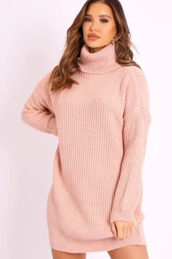 Rebellious Fashion Pink Roll Neck Mini Jumper Dress - Dariyana