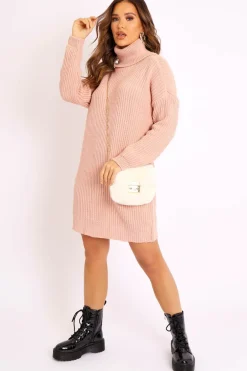 Rebellious Fashion Pink Roll Neck Mini Jumper Dress - Dariyana