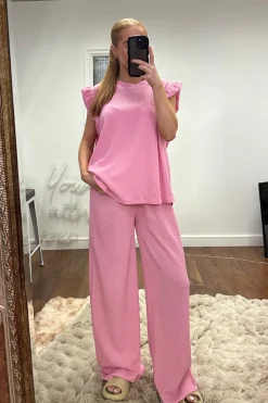 Rebellious Fashion Pink Round Neck Frill Sleeve Top & Straight Leg Trousers Co-ord Set - Ruby