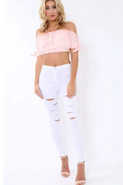 Rebellious Fashion Pink Ruched Bardot Gypsy Crop Top - Janette
