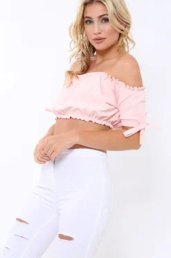 Rebellious Fashion Pink Ruched Bardot Gypsy Crop Top - Janette