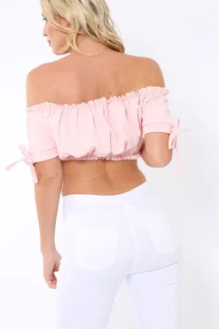 Rebellious Fashion Pink Ruched Bardot Gypsy Crop Top - Janette