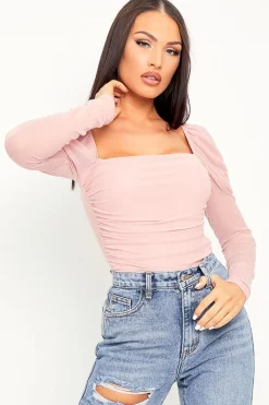 Rebellious Fashion Pink Ruched Body Mesh Sleeve Bodysuit - Raeya