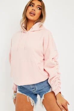 Rebellious Fashion Pink Ruched Sleeve Oversized Hoodie - Dezi