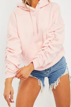 Rebellious Fashion Pink Ruched Sleeve Oversized Hoodie - Dezi