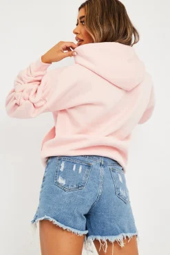 Rebellious Fashion Pink Ruched Sleeve Oversized Hoodie - Dezi