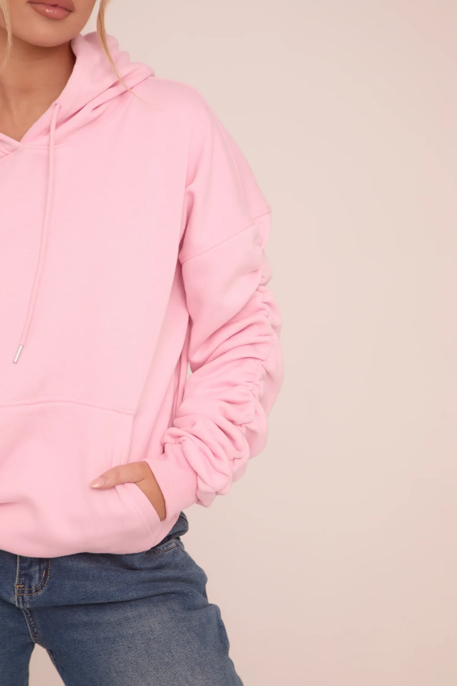 Rebellious Fashion Pink Ruched Sleeve Oversized Hoodie - Lorna
