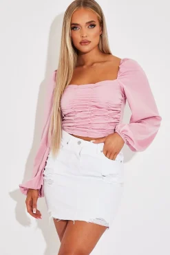Rebellious Fashion Pink Ruched Square Neckline Crop Top - Hallie