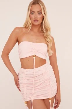 Rebellious Fashion Pink Ruching Detail Bandeau Cropped Top & Mini Skirt Co-ord Set - Trisa