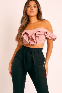 Rebellious Fashion Pink Ruffle Front Bardot Crop Top - Lacie