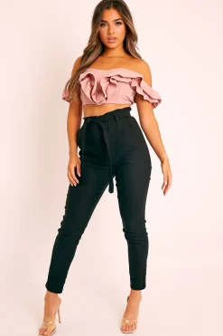 Rebellious Fashion Pink Ruffle Front Bardot Crop Top - Lacie