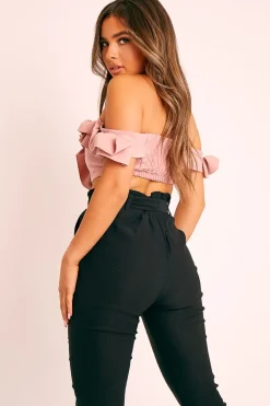 Rebellious Fashion Pink Ruffle Front Bardot Crop Top - Lacie