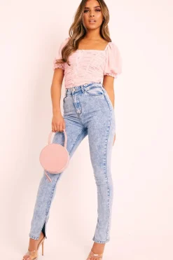 Rebellious Fashion Pink Ruffle Pearl Button Crop Top - Stefani