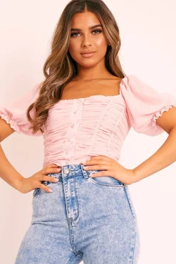 Rebellious Fashion Pink Ruffle Pearl Button Crop Top - Stefani