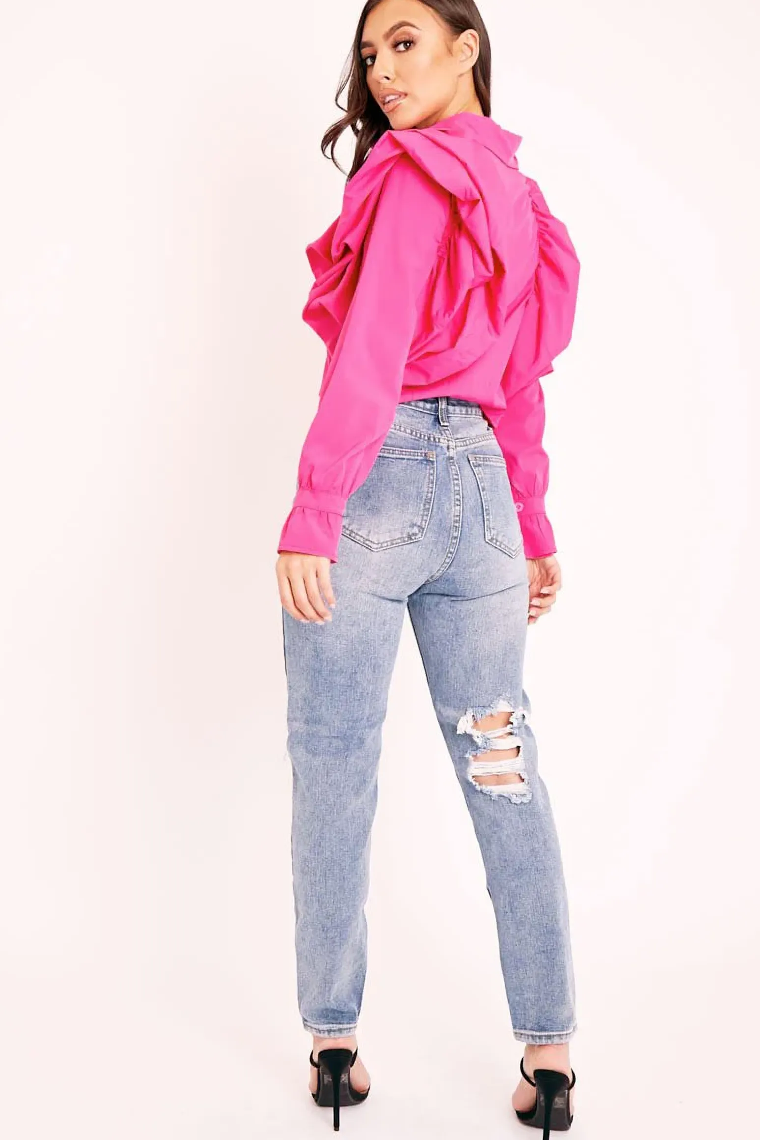 Rebellious Fashion Pink Ruffle Shoulder Cropped Shirt - Fiorella