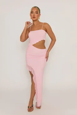 Rebellious Fashion Pink Ruffle Side Split Maxi Dress - Loretta