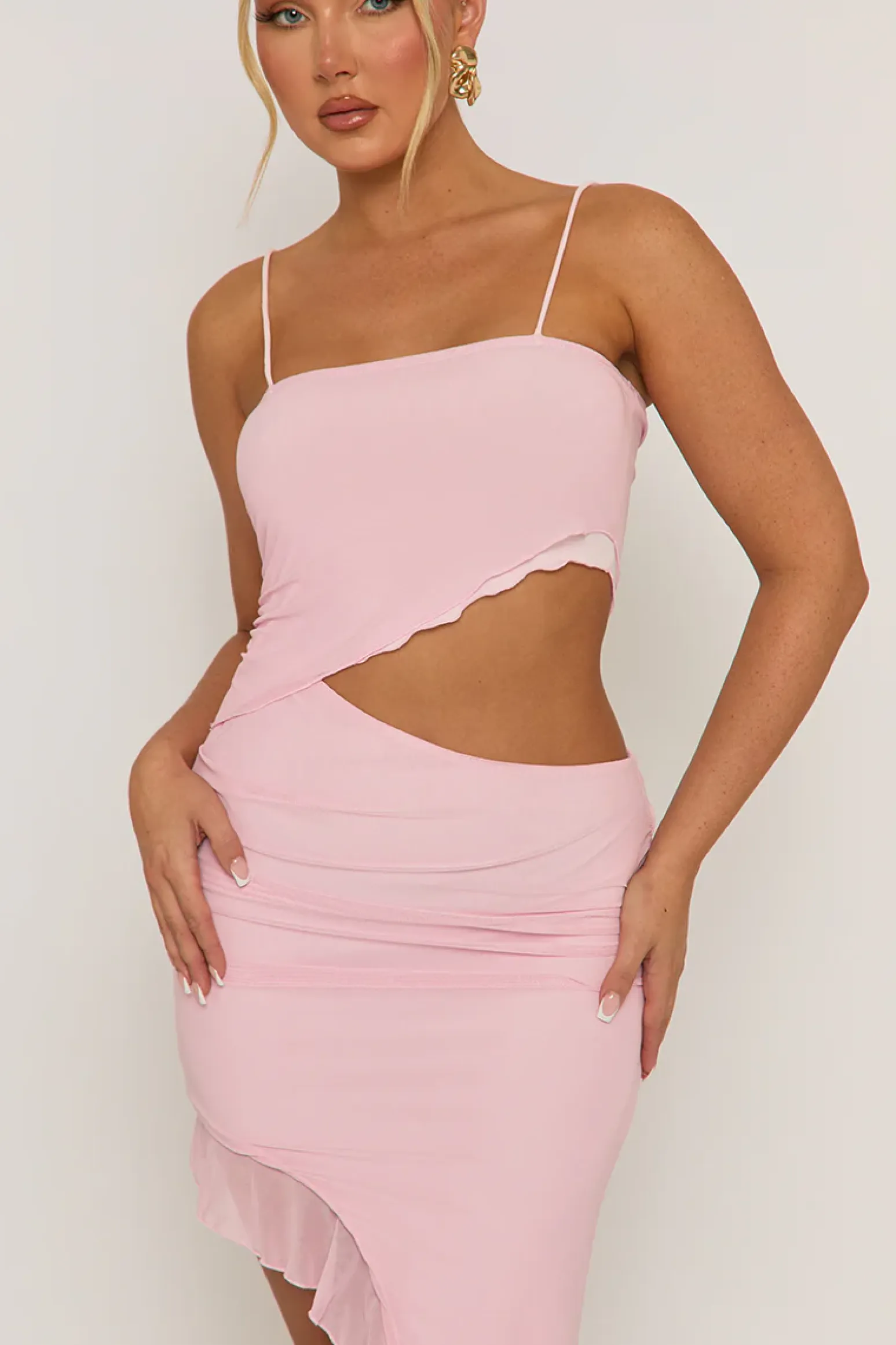 Rebellious Fashion Pink Ruffle Side Split Maxi Dress - Loretta