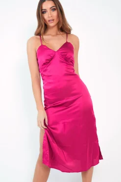 Rebellious Fashion Pink Satin Cami Strap Satin Midi Dress - Sadia