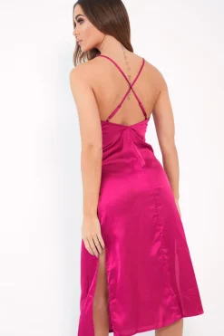 Rebellious Fashion Pink Satin Cami Strap Satin Midi Dress - Sadia