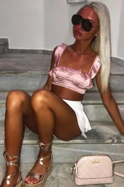 Rebellious Fashion Pink Satin Frill Detail Cup Style Crop Top - Elani