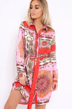 Rebellious Fashion Pink Satin Paisley Print Button Front Shirt Dress - Hailie