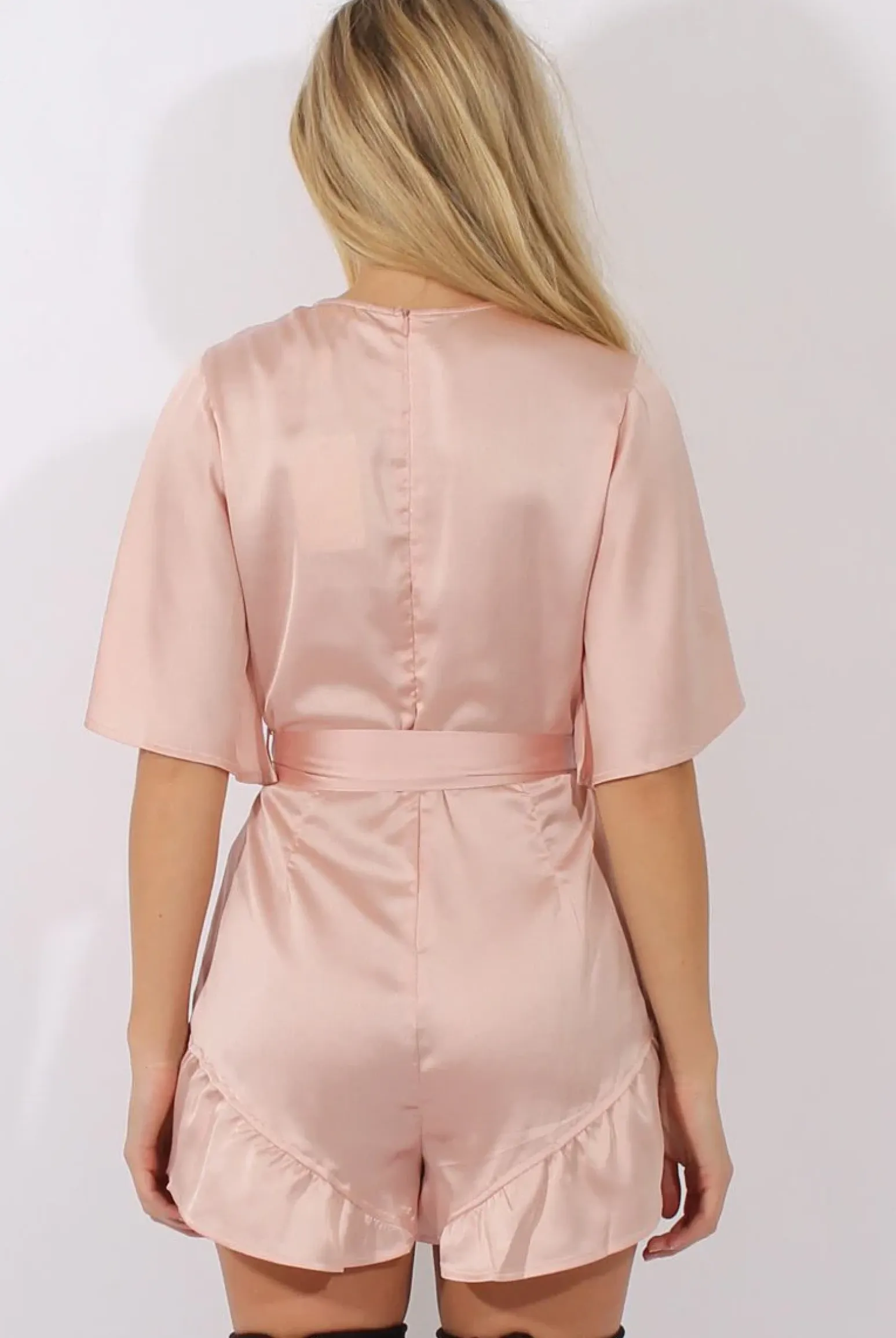 Rebellious Fashion Pink Satin Plunge Flared Sleeve Tied Waist Playsuit - Crystal