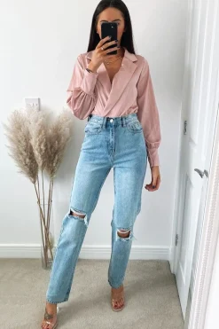 Rebellious Fashion Pink Satin Plunge Lapel Collar Bodysuit - Danica