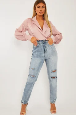 Rebellious Fashion Pink Satin Plunge Lapel Collar Bodysuit - Danica