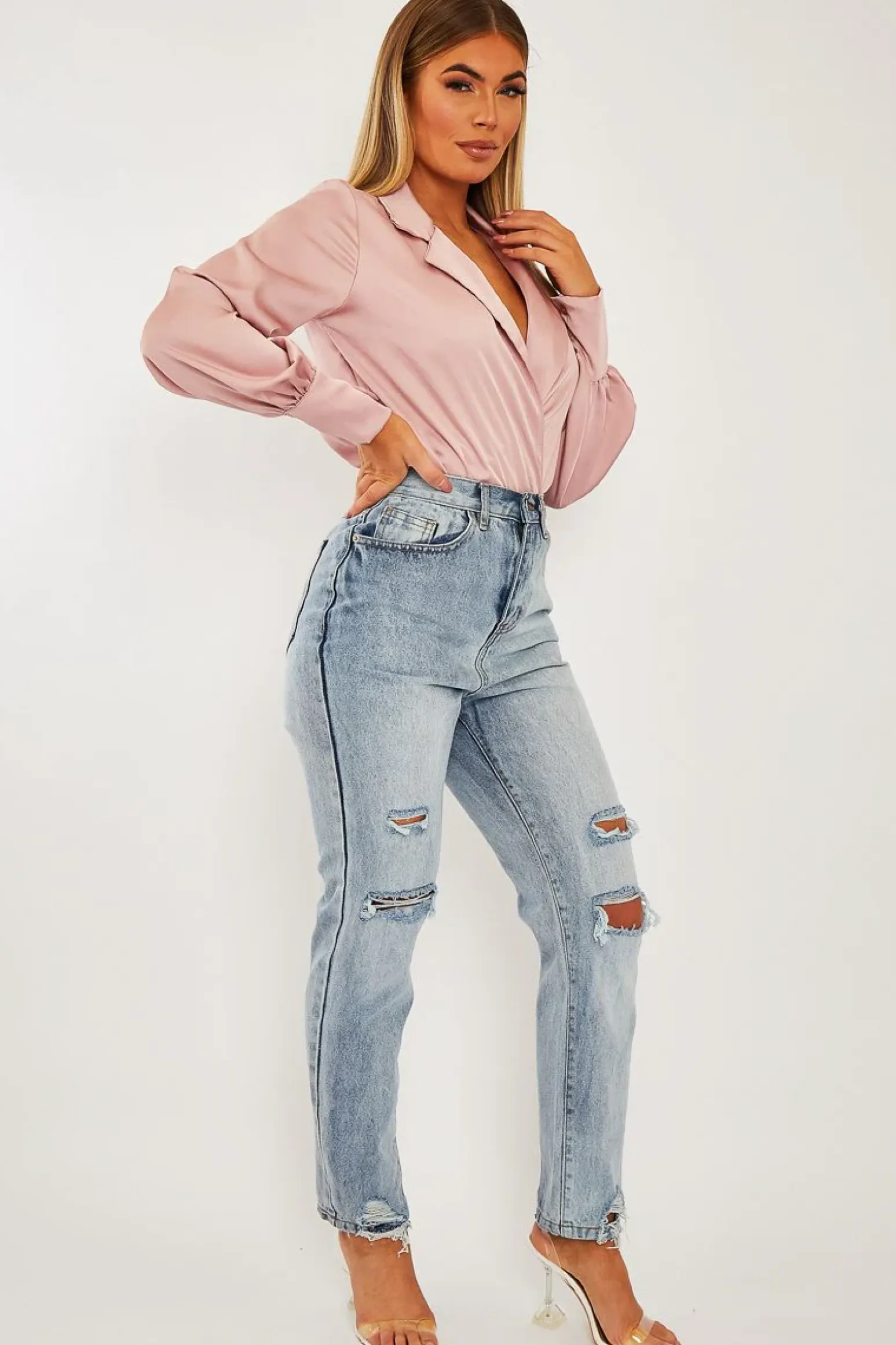 Rebellious Fashion Pink Satin Plunge Lapel Collar Bodysuit - Danica