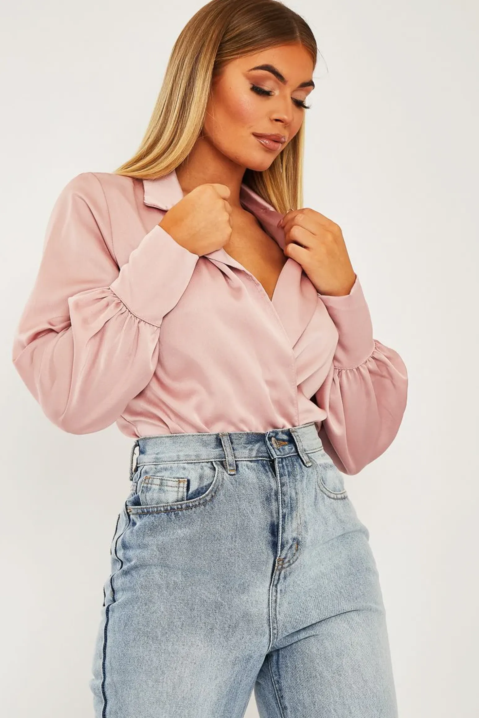 Rebellious Fashion Pink Satin Plunge Lapel Collar Bodysuit - Danica