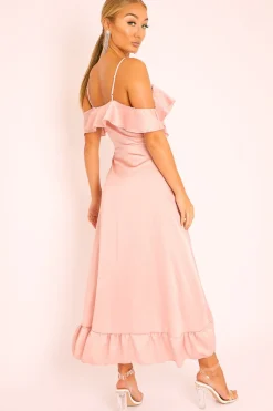 Rebellious Fashion Pink Satin Ruffle Wrap Midi Dress - Eiza