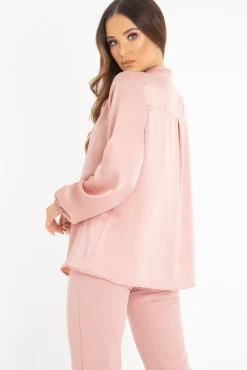 Rebellious Fashion Pink Satin Tie Front Long Sleeve Blouse - Cherie